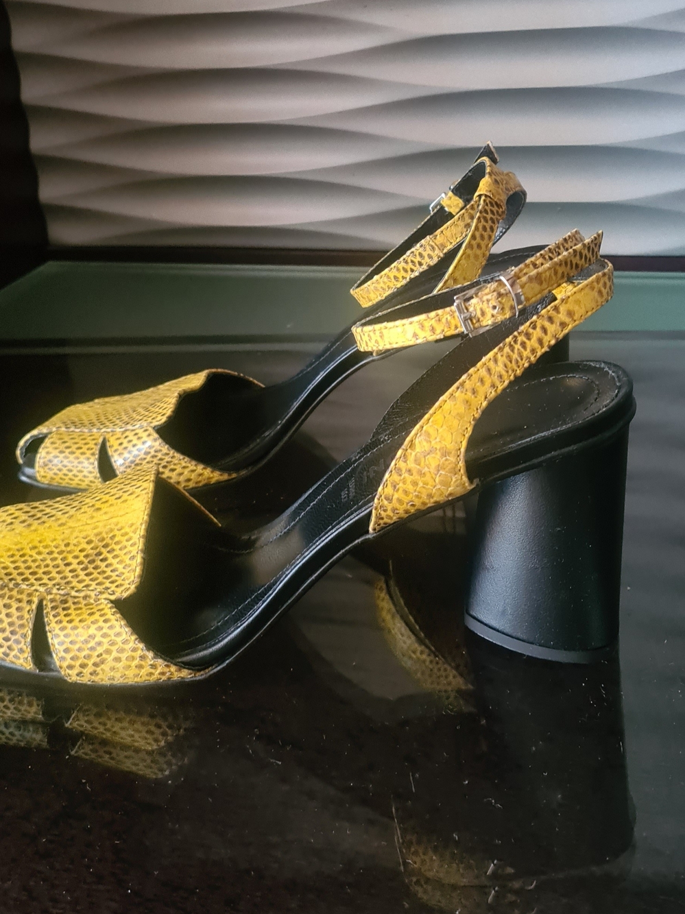 Napoleon Leather Yellow Snake-Print Slingback Block Heel Women's Sandals